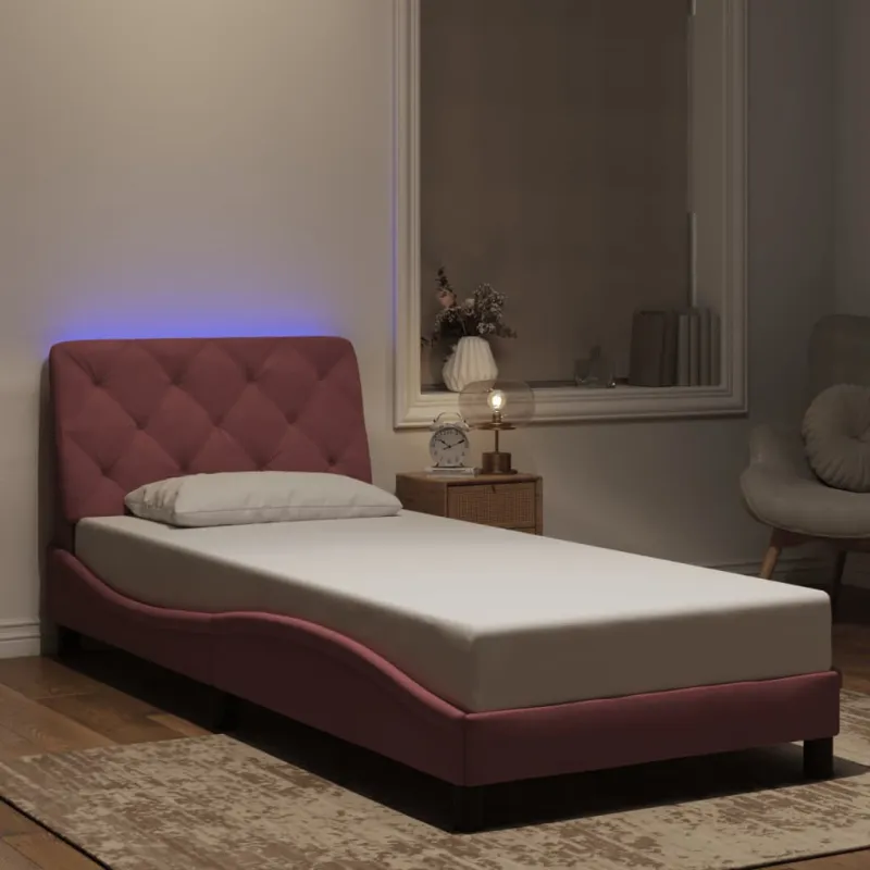 Lovos rėmas su LED be čiužinio, rožinės spalvos, 90x200cm, aksomas
