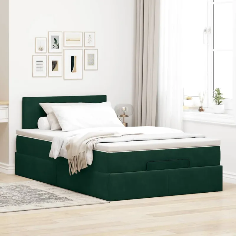 Osmanų lova su čiužiniu ir LED tamsiai žalias 120x190cm aksomas