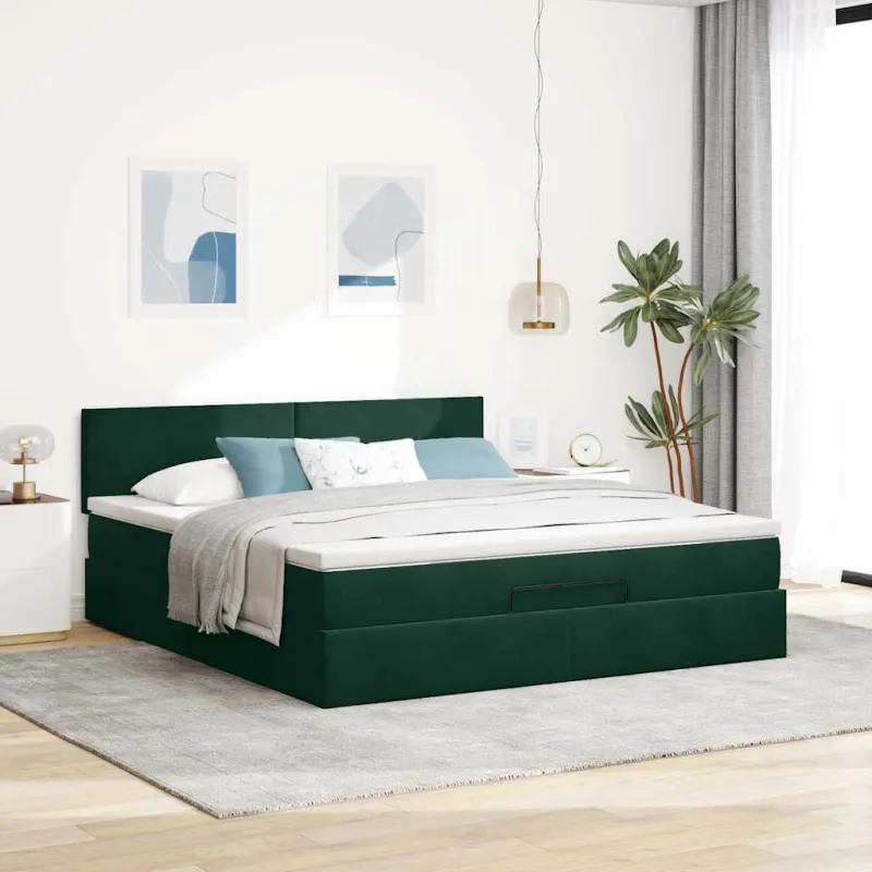 Osmanų lova su čiužiniu ir LED Tamsiai žalia 180x200cm Velvet