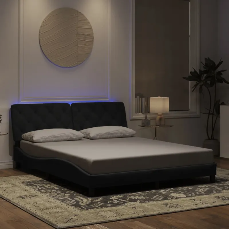 Lovos rėmas su LED be čiužinio, juodos spalvos, 160x200cm, aksomas