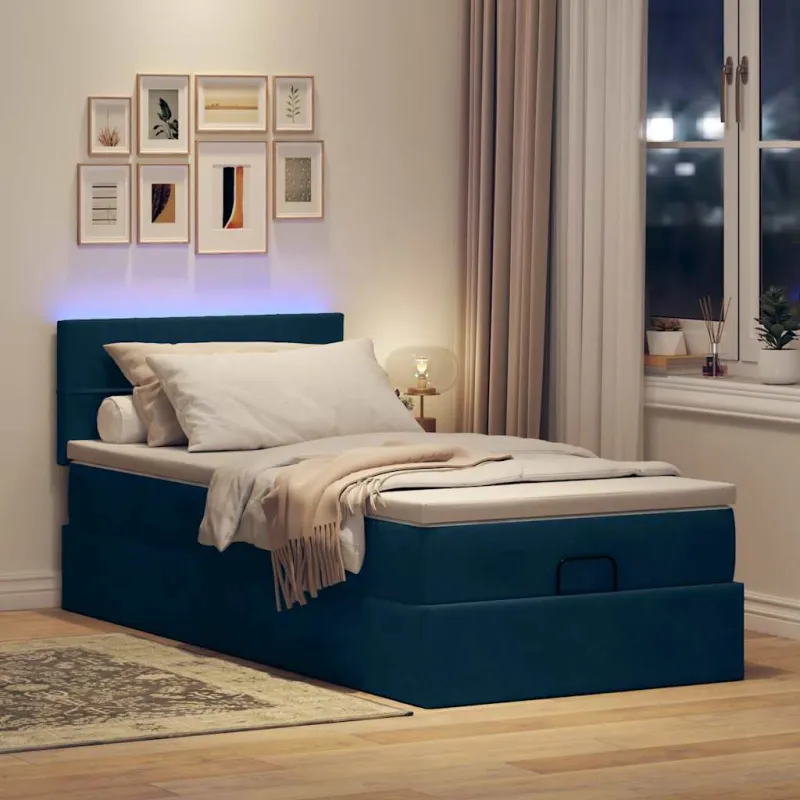 Osmanų lova su čiužiniu ir LED tamsiai mėlynas 80x200cm aksomas