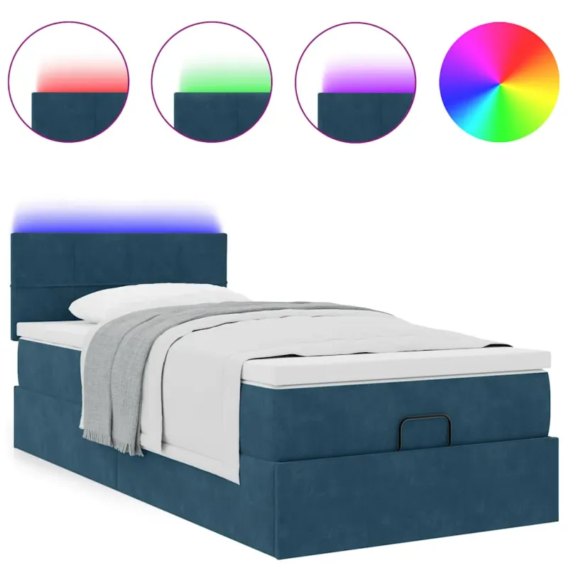 Osmanų lova su čiužiniu ir LED tamsiai mėlynas 80x200cm aksomas