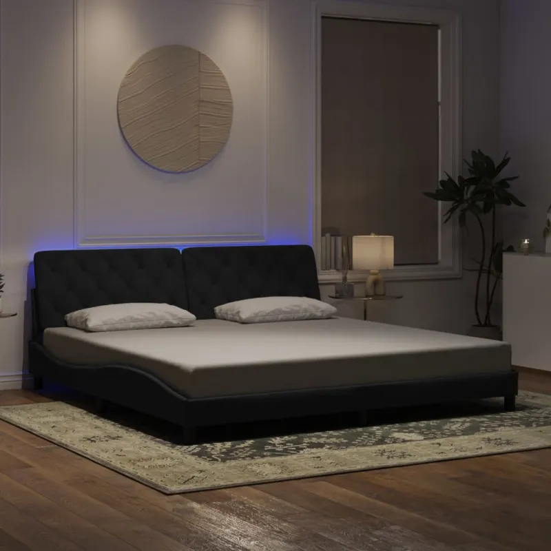 Lovos rėmas su LED be čiužinio, juodos spalvos, 200x200cm, aksomas
