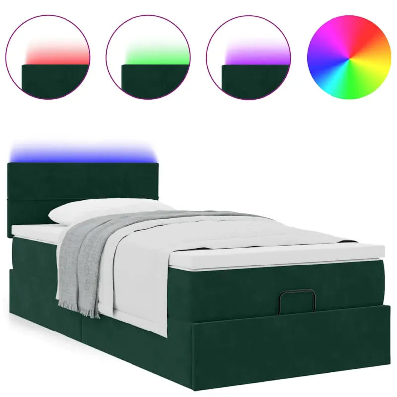 Osmanų lova su čiužiniu ir LED, tamsiai žalias 90x200cm aksomas