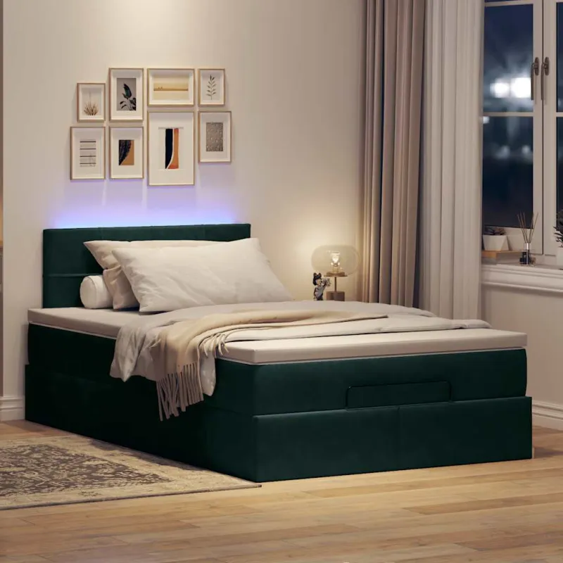 Osmanų lova su čiužiniu ir LED tamsiai žalias 120x190cm aksomas