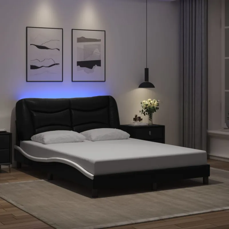 Lovos rėmas su LED be čiužinio, Hvar, juodas ir baltas, 140x190cm