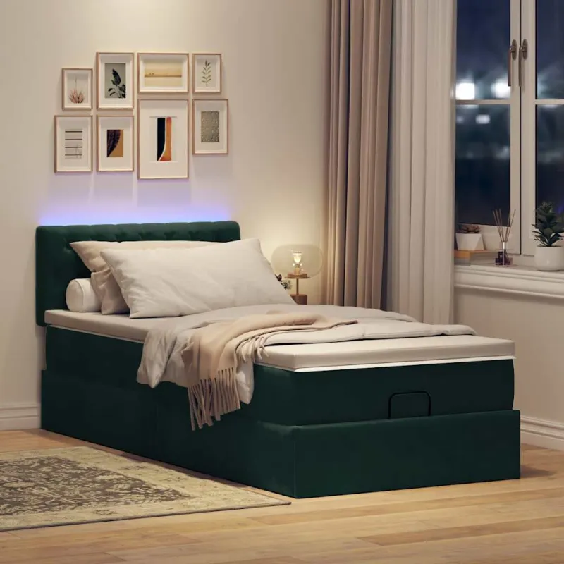 Osmanų lova su čiužiniu ir LED, tamsiai žalias 80x200cm aksomas