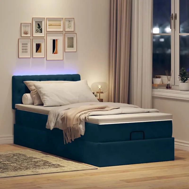 Osmanų lova su čiužiniu ir LED tamsiai mėlynas 80x200cm aksomas