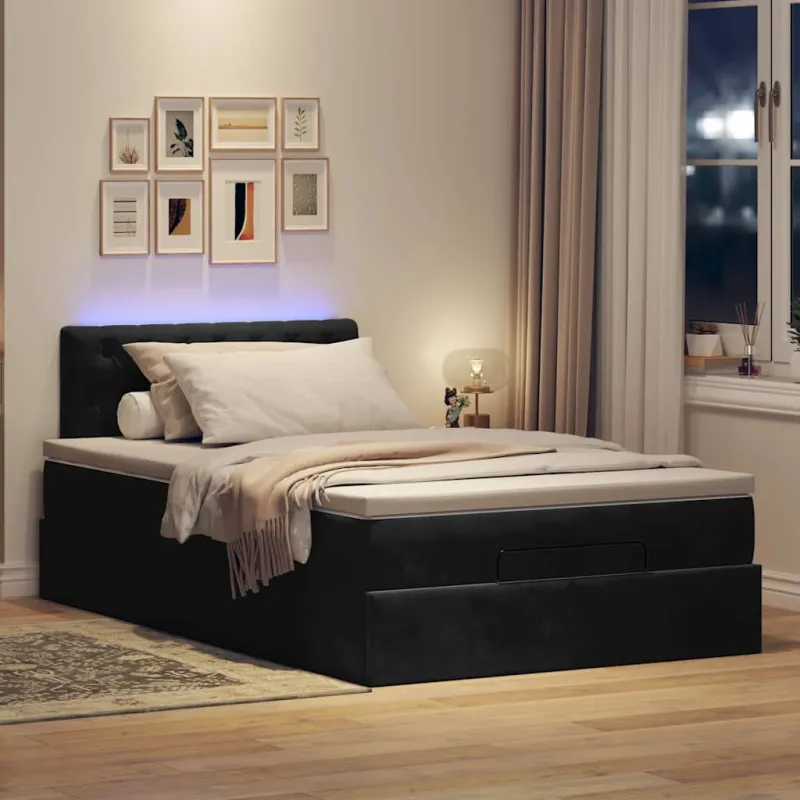 Osmanų lova su čiužiniu ir LED, juodas, 120x190cm, aksomas