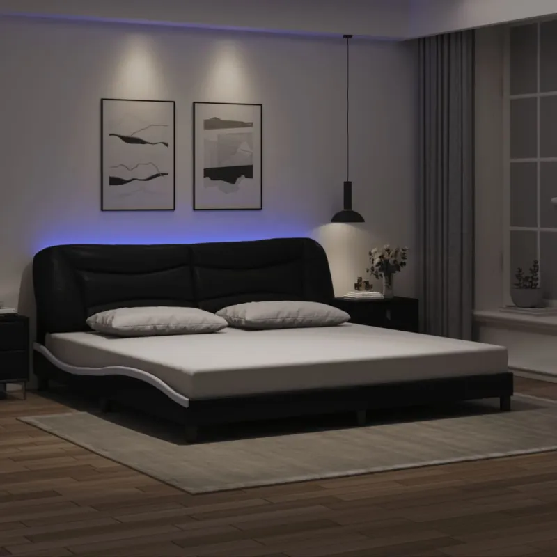 Lovos rėmas su LED be čiužinio, Hvar, juodas ir baltas, 200x200cm