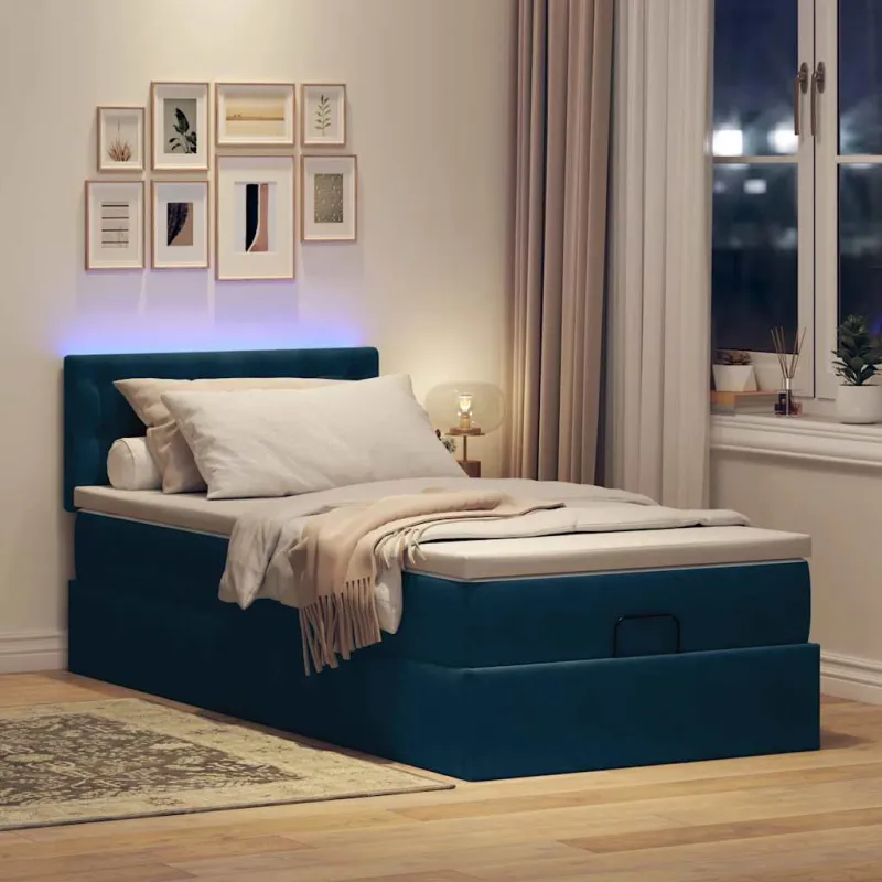 Osmanų lova su čiužiniu ir LED tamsiai mėlynas 80x200cm aksomas