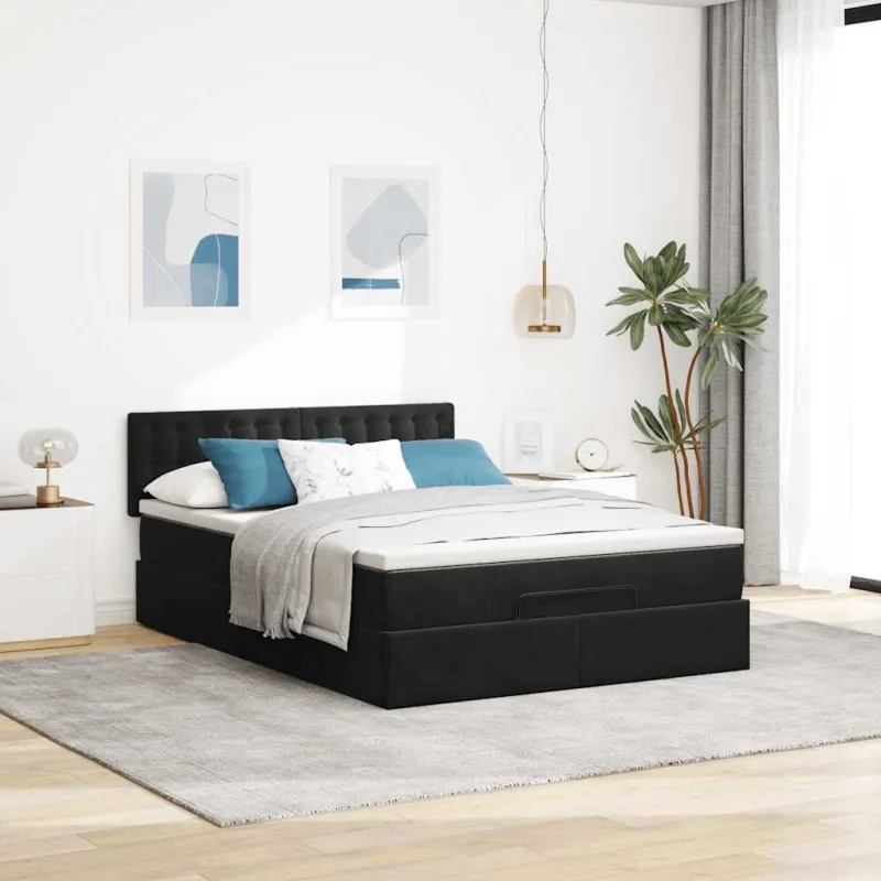 Osmanų lova su čiužiniu ir LED Juodas 140x190cm Velvet