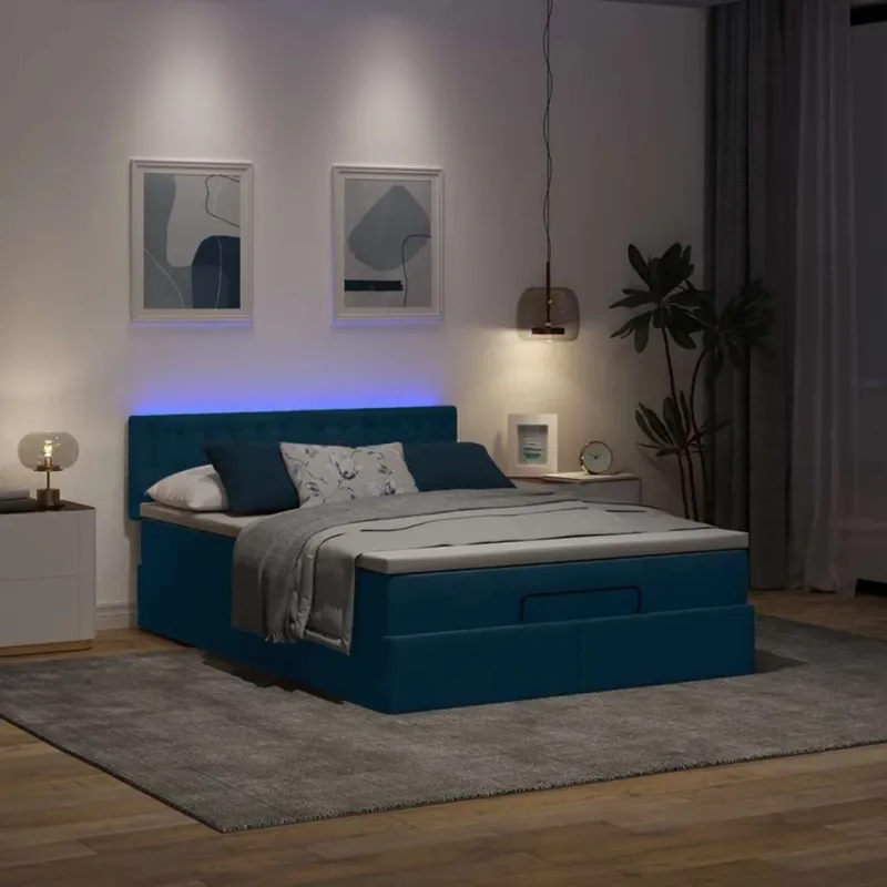 Osmanų lova su čiužiniu ir LED Tamsiai mėlyna 140x190cm Velvet