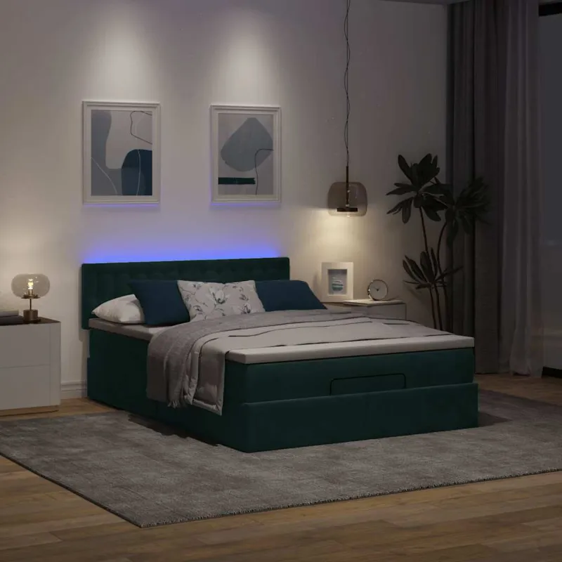 Osmanų lova su čiužiniu ir LED Tamsiai žalia 140x200cm Velvet