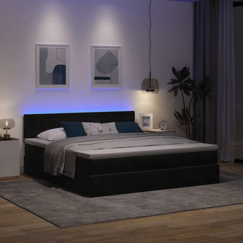 Osmanų lova su čiužiniu ir LED Juodas 160x200cm Velvet