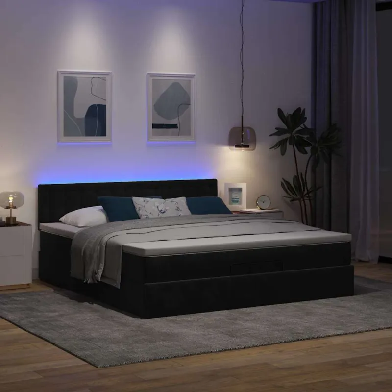 Osmanų lova su čiužiniu ir LED Juodas 180x200cm Velvet