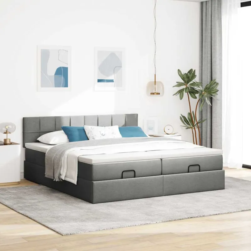 Osmanų lovos rėmas su čiužiniais, pilkas, 160x200cm, audinys