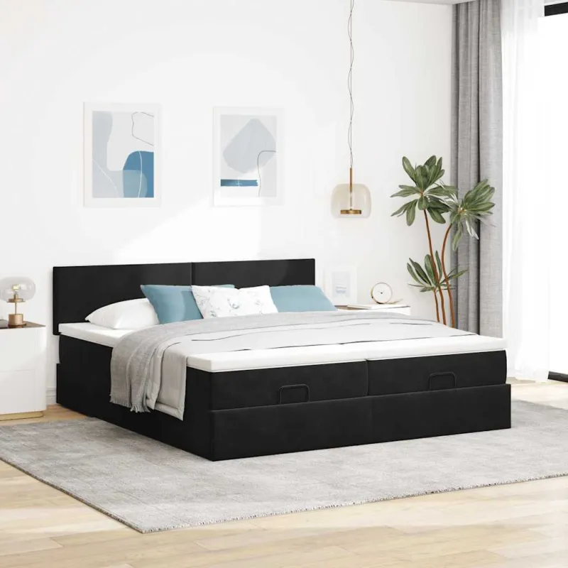 Osmanų lovos rėmas su čiužiniais, juodas, 160x200cm, aksomas