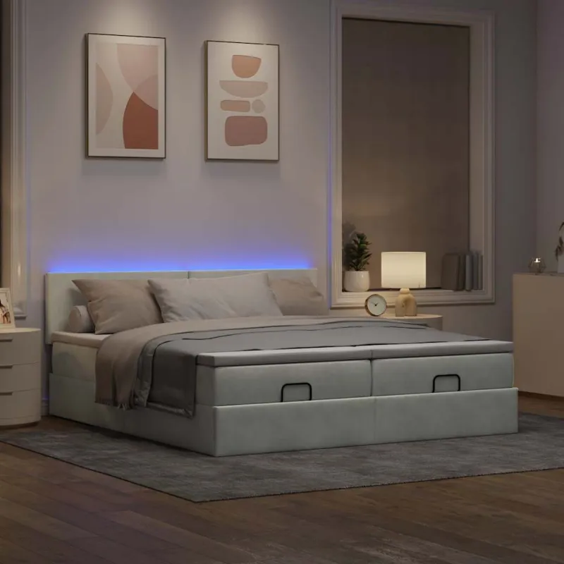 Osmanų lovos rėmas su čiužiniais, pilkas, 200x200cm, aksomas