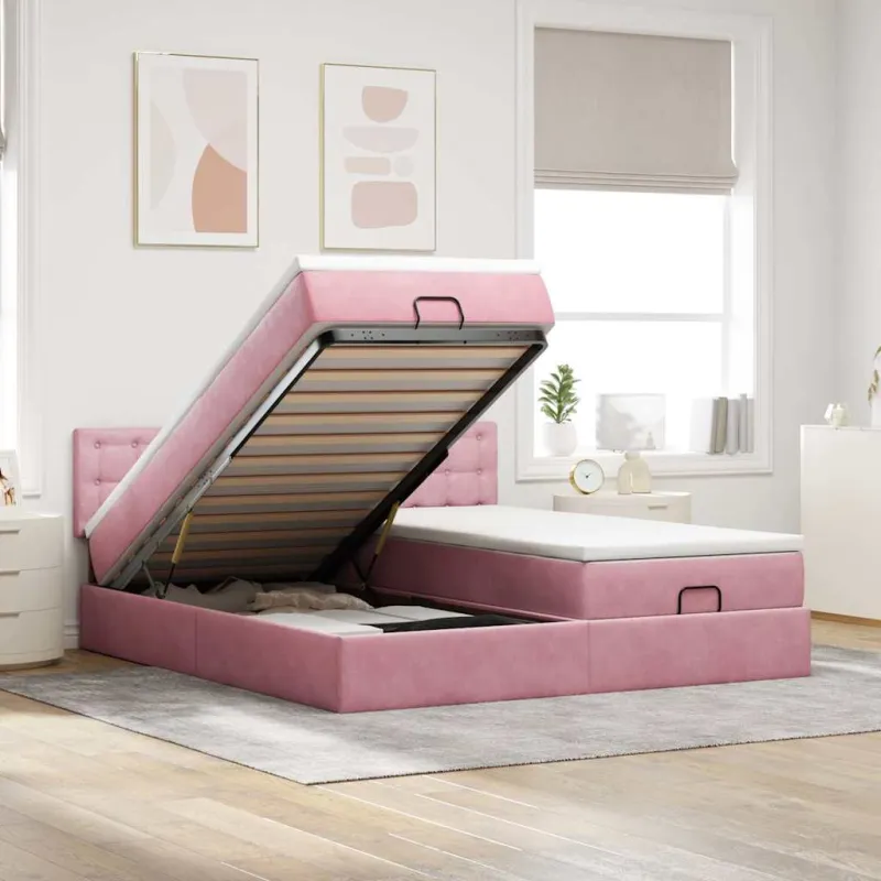 Osmanų lovos rėmas su čiužiniais, rožinis, 180x200cm, aksomas