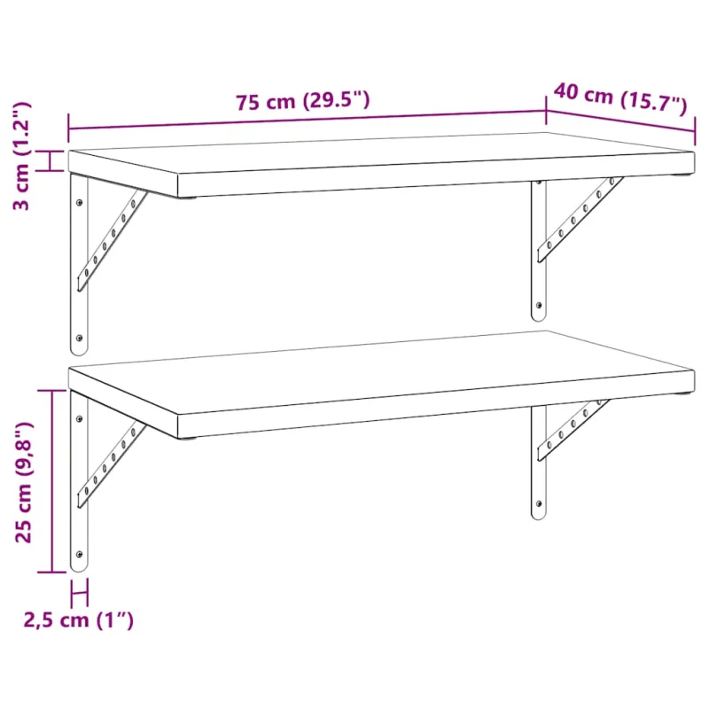 Sieninės lentynos, 2vnt., sidabrinės, 75x40cm, plienas