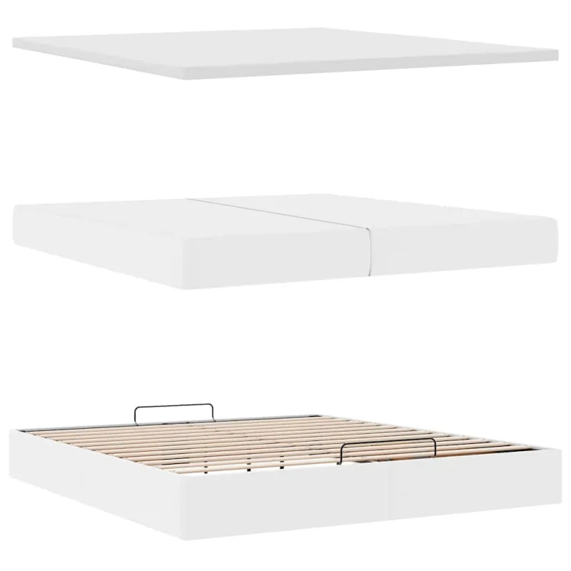 Osmanų lovos rėmas su čiužiniais, balta, 200x200cm, dirbt. oda