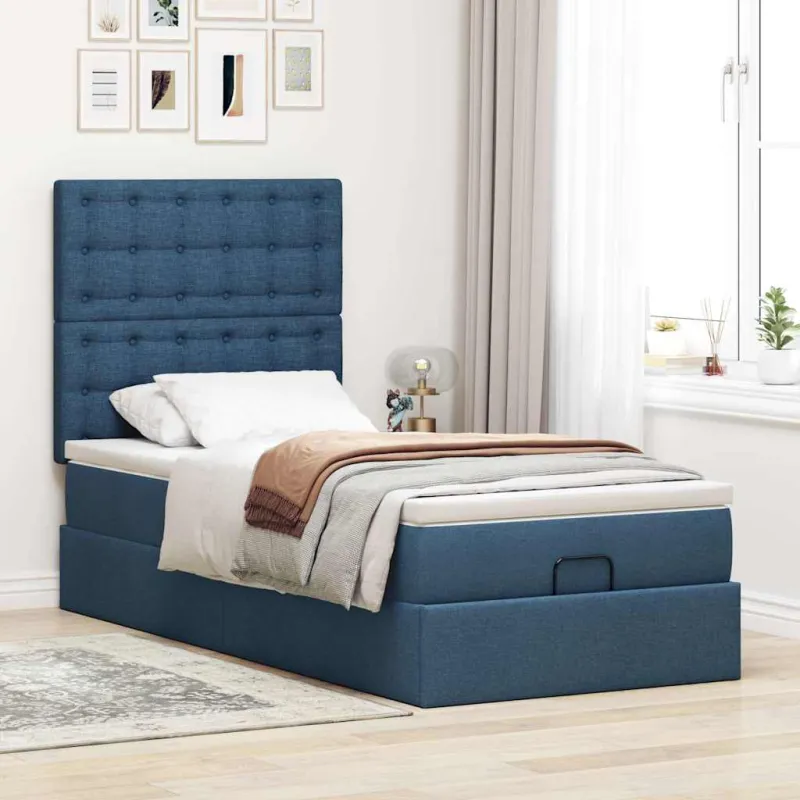 Osmanų lovos rėmas su čiužiniu, mėlynas, 80x200cm, audinys