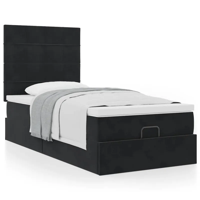 Osmanų lovos rėmas su čiužiniais, juodas, 80x200cm, aksomas