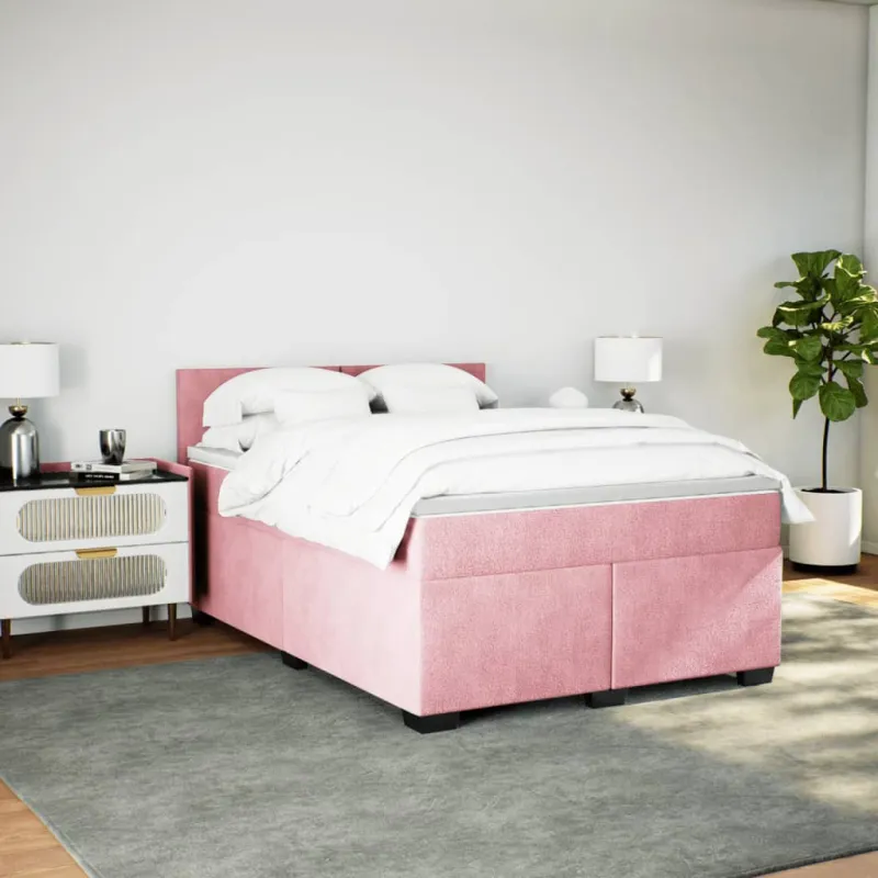 Lova su spyruoklėmis ir čiužiniu, rožinė, 160x200 cm, aksomas