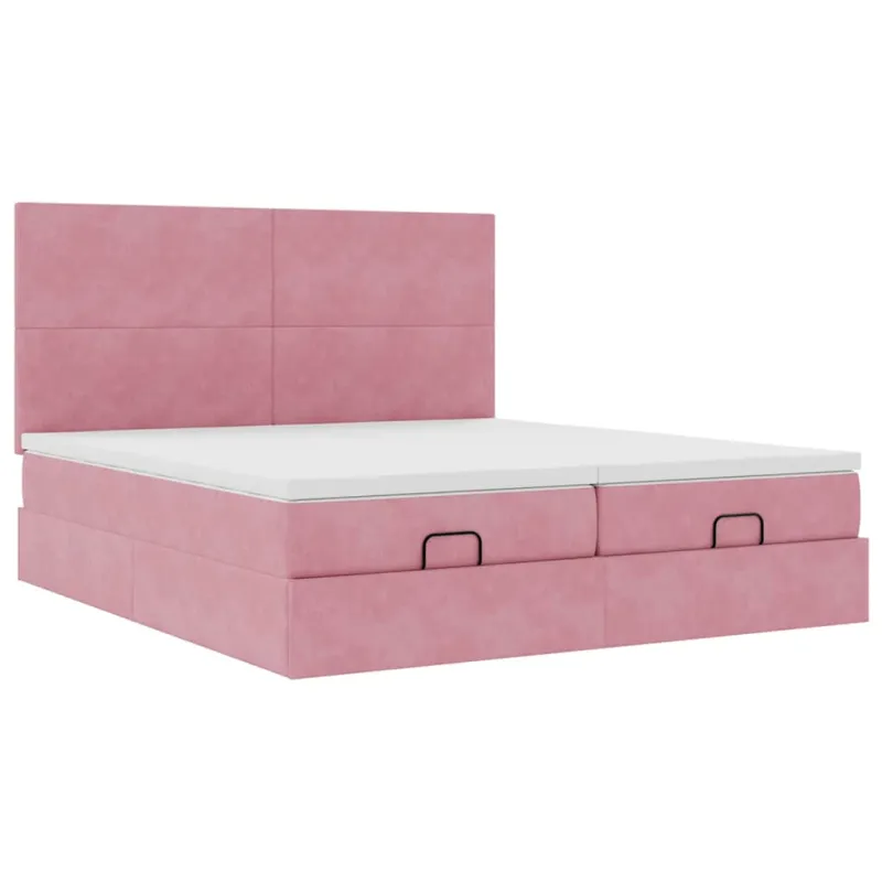 Osmanų lovos rėmas su čiužiniais, rožinis, 180x200cm, aksomas