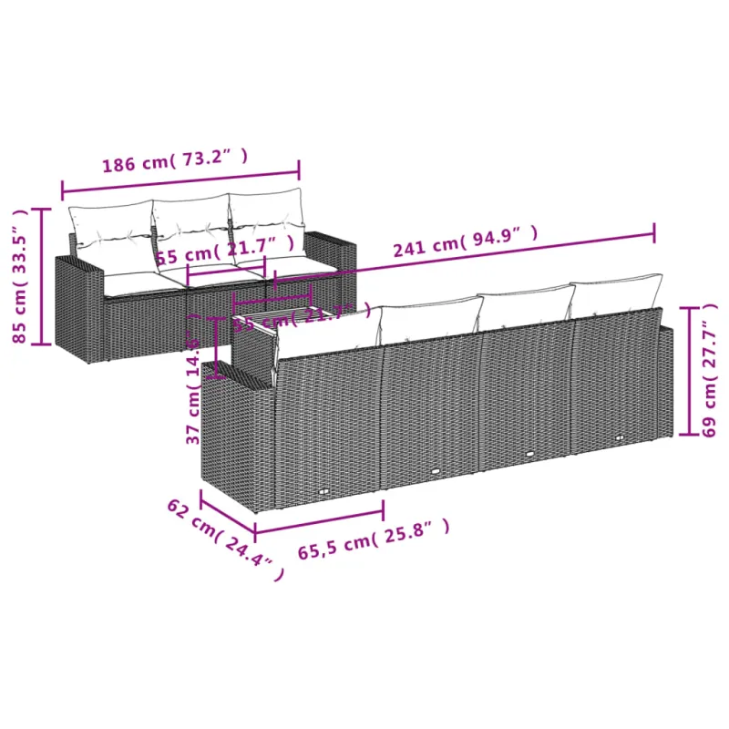Sofos komplekti, 8 osaa, juoda, polyrattana, tyynyillä