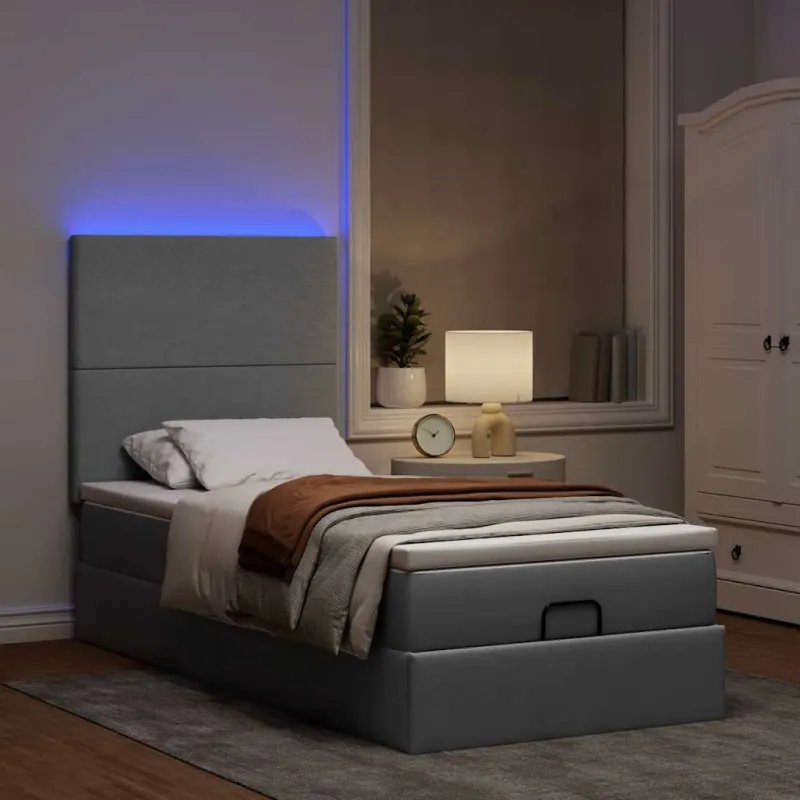 Osmanų lova su čiužiniu ir LED šviesiai pilkas 80x200cm audinys