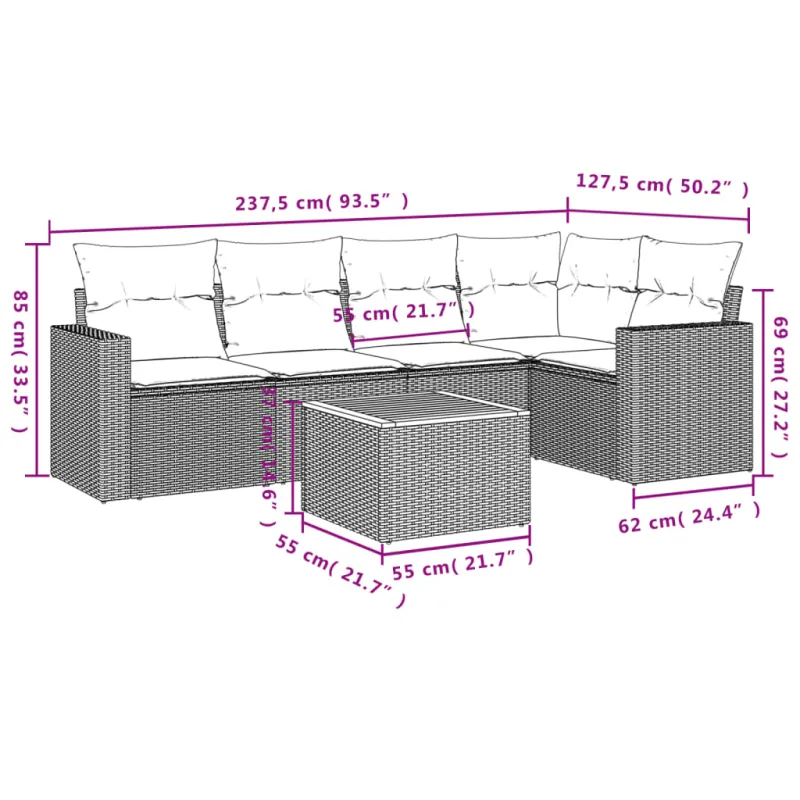 Sofakokonaisuus tyynyine, 6 osaa, hiekka, polyratasta
