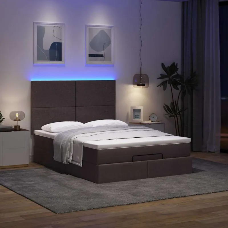 Osmanų lova su čiužiniu ir LED, rudas, 140x190cm, audinys