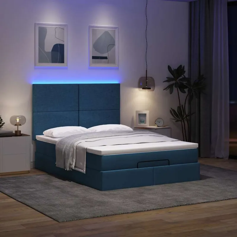 Osmanų lova su čiužiniu ir LED Mėlynas 140x190cm audinys