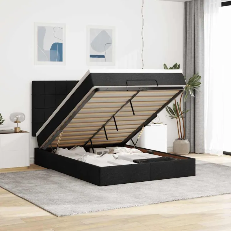 Osmanų lova su čiužiniu ir LED juodas 140x190cm audinys
