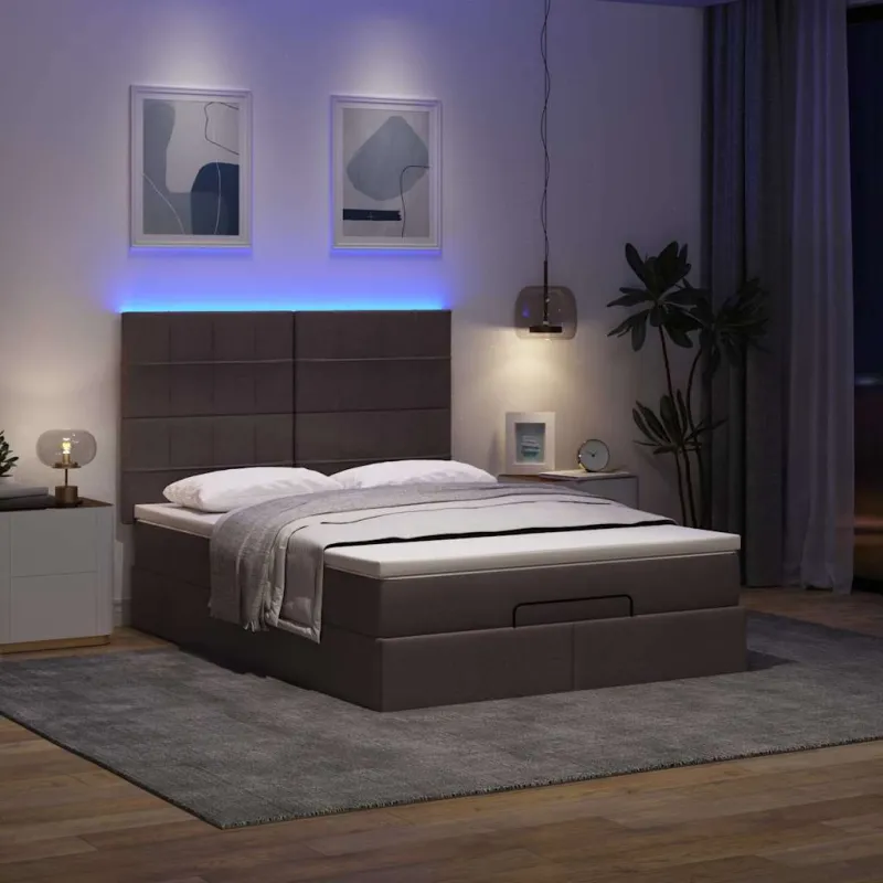 Osmanų lova su čiužiniu ir LED, rudas, 140x190cm, audinys