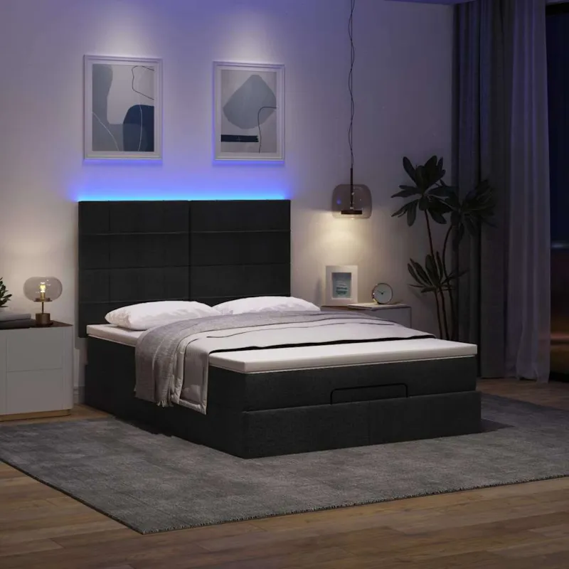 Osmanų lova su čiužiniu ir LED lemputėmis juodas 140x200 cm