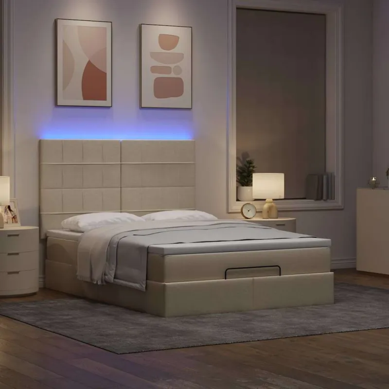 Osmanų lova su čiužiniu ir LED kreminiu 140x200 cm audiniu