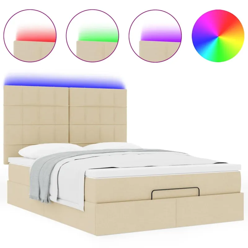 Osmanų lova su čiužiniu ir LED kreminiu 140x200 cm audiniu