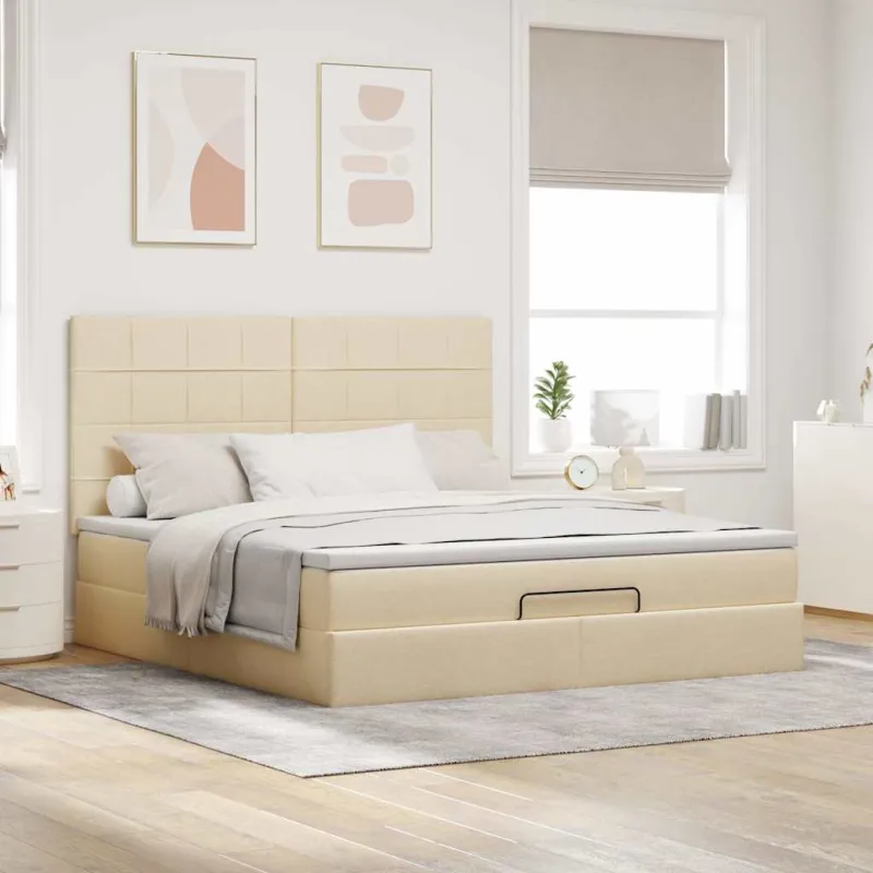 Osmanų lova su čiužiniu ir LED kreminiu 180x200 cm audiniu
