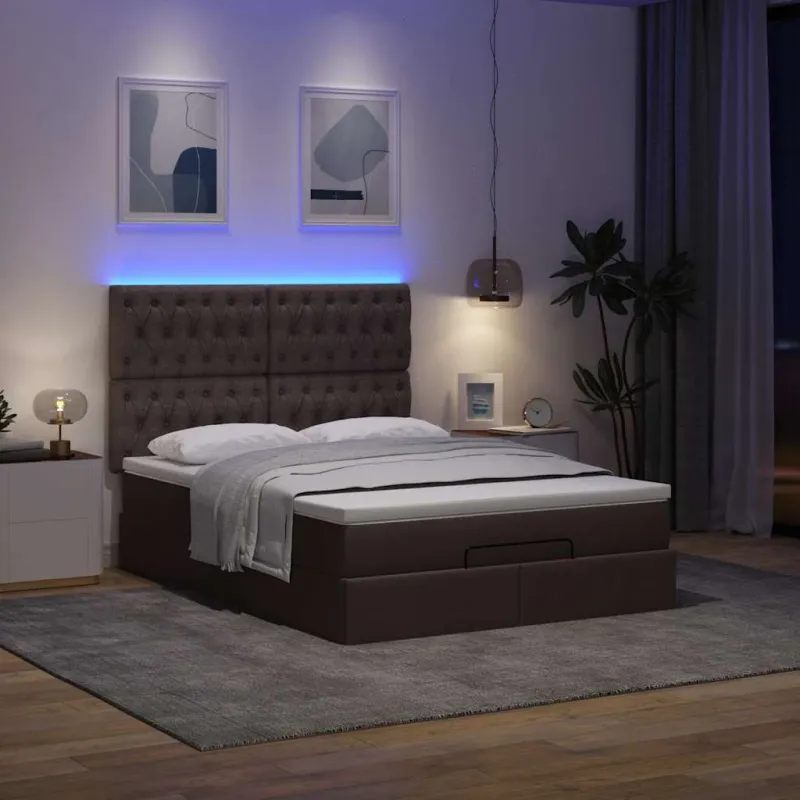 Osmanų lova su čiužiniu ir LED, rudas, 140x190cm, audinys