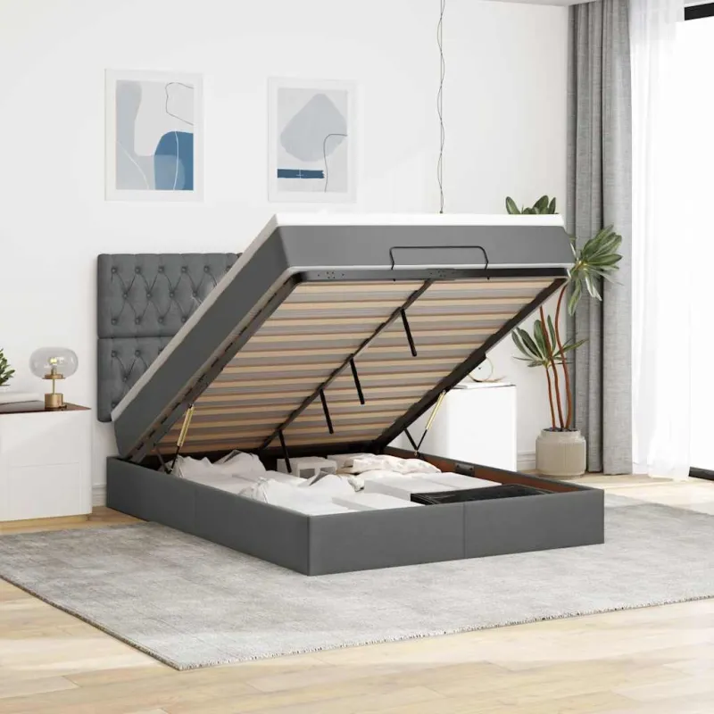 Osmanų lova su čiužiniu ir LED, pilkas, 140x200cm, audinys