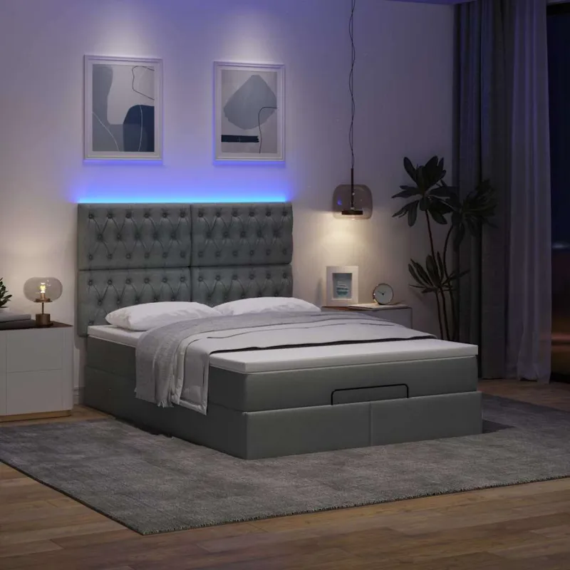 Osmanų lova su čiužiniu ir LED, pilkas, 140x200cm, audinys