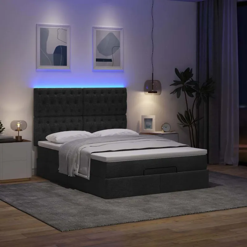 Osmanų lova su čiužiniu ir LED lemputėmis juodas 140x200 cm