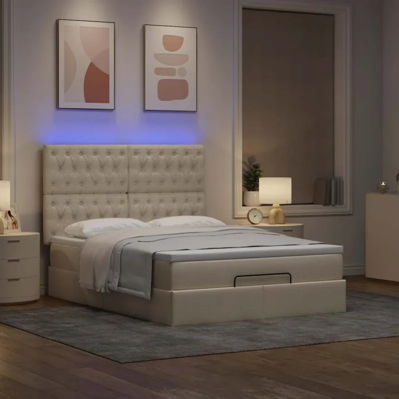 Osmanų lova su čiužiniu ir LED kreminiu 140x200 cm audiniu