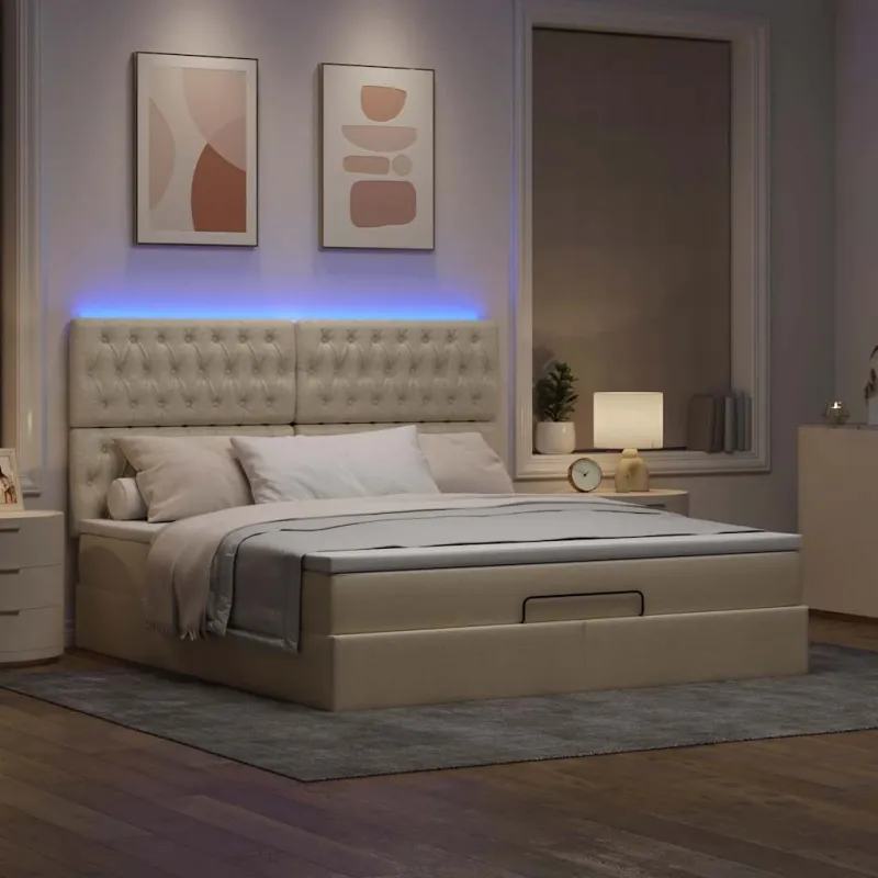 Osmanų lova su čiužiniu ir LED kreminiu 180x200 cm audiniu