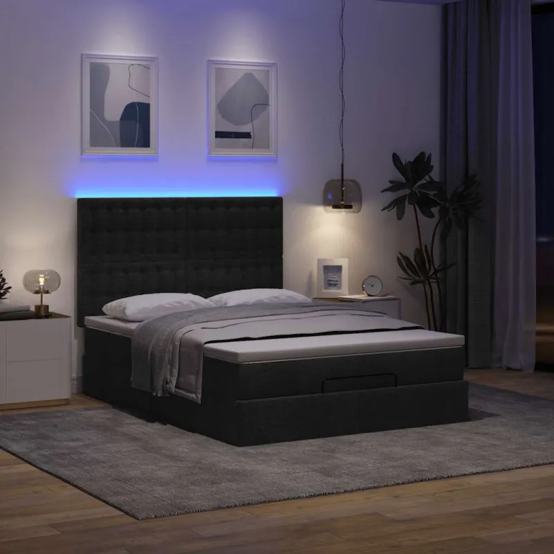 Osmanų lova su čiužiniu ir LED juodas 140x190cm audinys