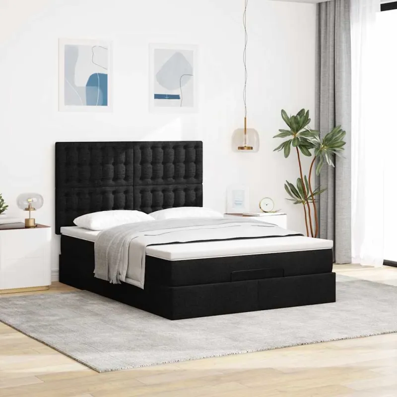 Osmanų lova su čiužiniu ir LED juodas 140x190cm audinys