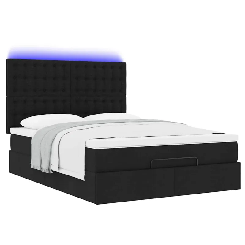 Osmanų lova su čiužiniu ir LED juodas 140x190cm audinys